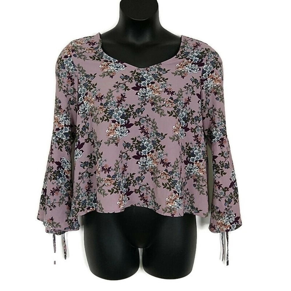 No Comment Floral Bell Sleeve Top Mauve Boho Tie‎ Cuff Blouse Cottagecore sz L